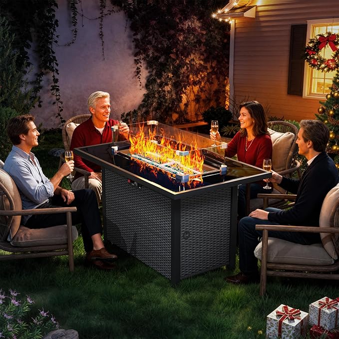 Propane Fire Pit Table, Outdoor Fire Pit Table, 43" Rattan Rectangle Outdoor Gas FirePit with Glass Wind Guard, Tempered Glass Tabletop, Lid, CSA Listed, 60,000 BTU, Outside Patio Deck & Garden, Black