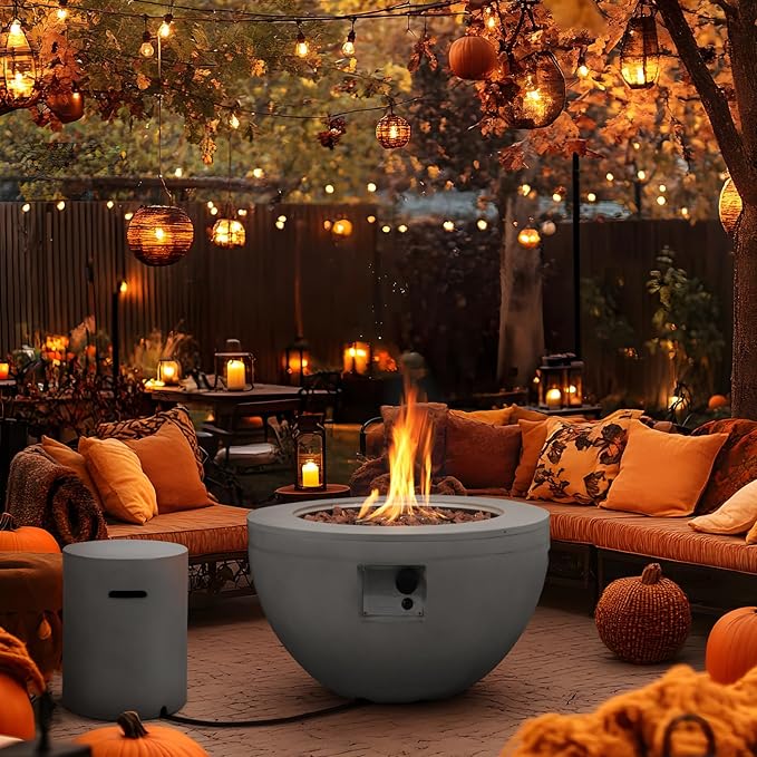 Round Propane Fire Pit,30 Inch Outdoor Fire Pit Table w Tank Cover,2-Piece 40,000 BTU Gas Concrete Firepit for Patio w Lava Rocks/Rain Cover,Fireplace for Backyard & Deck