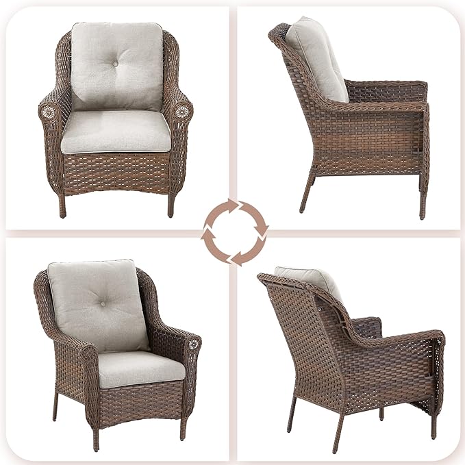 Patio Wicker Chairs Outdoor Furniture Chair - Set of 2 Outside All Weather Lawn Dining Brown Rattan Armchair with High Back&Deep Seating for Deck Porch Balcony Backyard Garden - Beige
