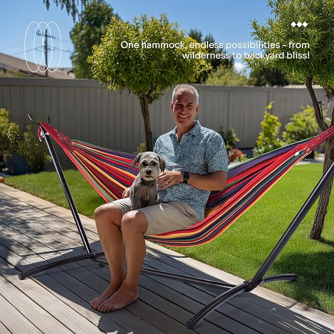 NEWBULIG Double Hammock with Stand, Heavy Duty Portable Hammocks for Outdoor Indoor Patio Camping, Space Saving Design & Carry Bag, Easy Assembly, 450lb Weight Capacity, Rainbow