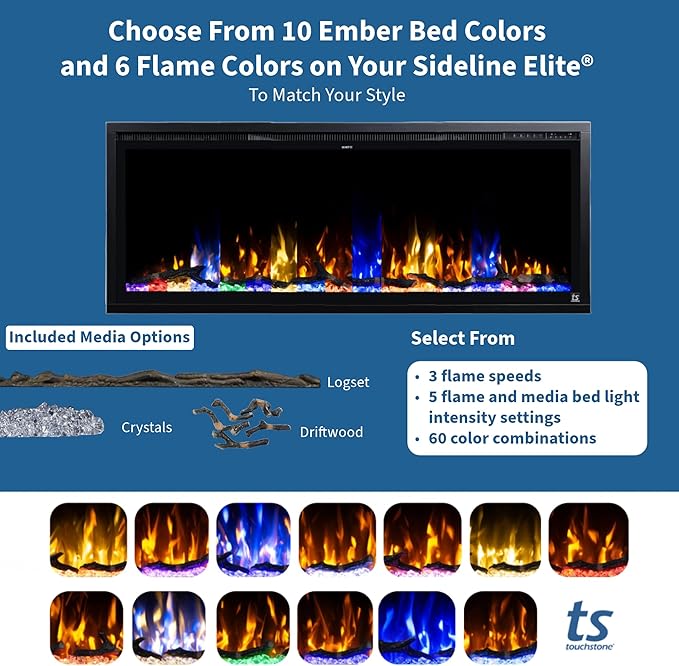 Touchstone Sideline Elite Smart 84” WiFi-Enabled Electric Fireplace - 80050 - in-Wall Recessed - 60 Color Combinations - 1,500W Heater - Black - Log, Crystals & Driftwood