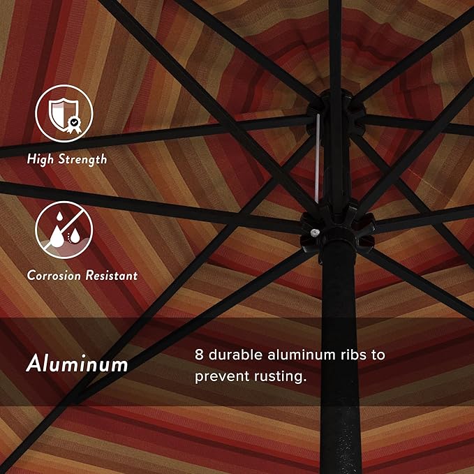 California Umbrella 9' Rd Aluminum Patio Umbrella, Crank Lift, Auto Tilt, Black Finish, Sunbrella Astoria Sunset