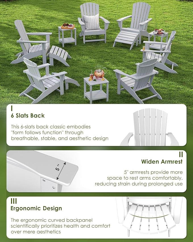 GREENVINES Adirondack Chair | HDPE Plastic | Oversized Fire Pit Chairs | All Weather | White | Poly Lumber | for Outdoor Deck Backyard Patio Garden