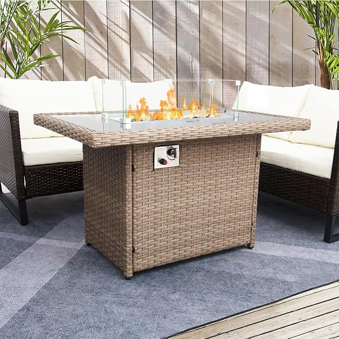 DIMAR GARDEN Outdoor Wicker Fire Pit Table, Propane Gas Fire Table with Glass Wind Guard, Modern Life Luxury Choice, 50,000 BTU 43in