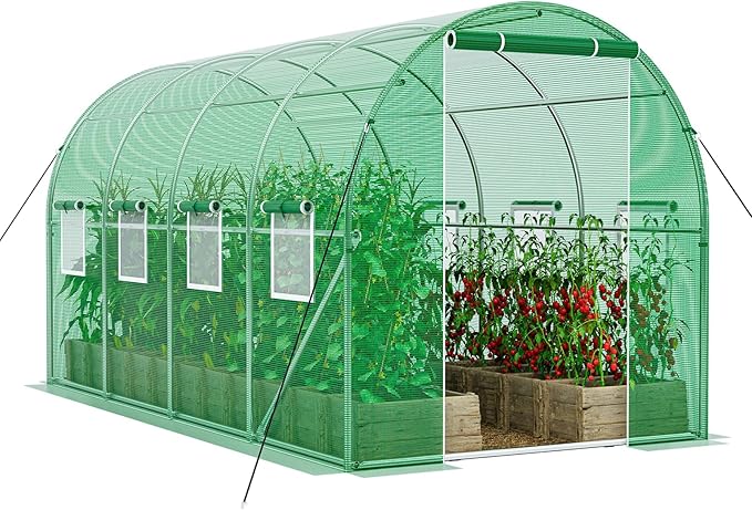 SPECILITE Walk-in Tunnel Greenhouse for Outdoors, 15×7×7 FT Heavy Duty Hoop House Kit with 8 Screen Windows, Thicken PE Cover & Galvanized Frame, Portable Large Green Houses for Outside, Winter, Green