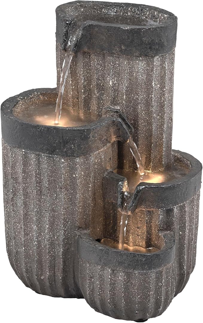 Alpine Corporation WIN1372 14" Tall Cascading Tabletop Fountain with LED Lights – Decorative Indoor Water Feature for Desk, Patio, and Home Décor, Gray