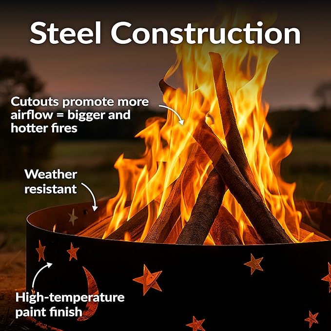 Sunnydaze 36-Inch Outdoor Fire Ring - Portable Metal Fire Pit Ring for Camping or Backyard - 360-Degree Moons and Stars Cutout - Big Sky