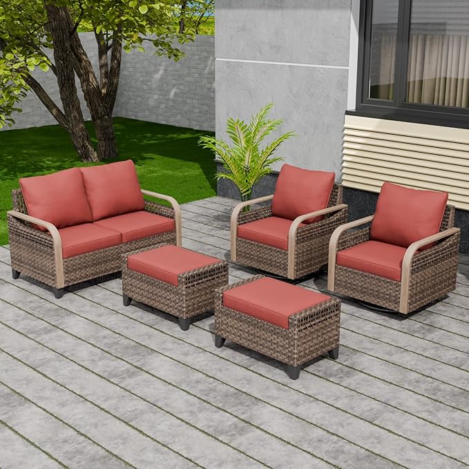 EAGLE PEAK Modern Wicker Outdoor Patio Furniture Set, Patio Conversation Set, 2 Swivel Rocking Chairs, 2-Seat Loveseat and 2 Ottomans, 5 Pieces, Brown/Red