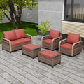 EAGLE PEAK Modern Wicker Outdoor Patio Furniture Set, Patio Conversation Set, 2 Swivel Rocking Chairs, 2-Seat Loveseat and 2 Ottomans, 5 Pieces, Brown/Red