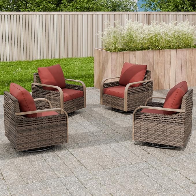 EAGLE PEAK Modern Wicker Outdoor Glider Rocking Chair, Swivel Rocker, Rattan Patio Furniture for Yard Deck Porch Garden, 4 Chairs, Brown/Red