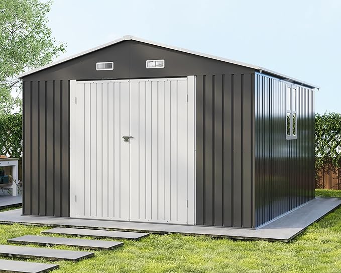 VanAcc 10x12x7 FT Outdoor Storage Shed with 2 Transparent Panels, Metal Garden Shed with Hinged Double Doors, 2 Windows & 4 Vents, Reinforced Steel Frame for Backyard, Garden, Dark Gray