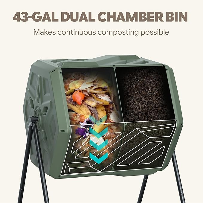 Werph Updated 43 Gallon Dual-Chamber Compost Bin, Fast Assembly Outdoor Compost Tumbler, Rotating Batch Composter Bin with Gloves for Garden, Kitchen, and Yard