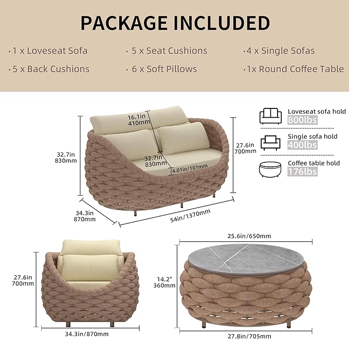 TWT Aluminum Outdoor Patio Furniture Set with Coffee Table, 6 Piece Patio Conversation Sets with Washable Cushions Covers, Patio Sectional Furniture Set for Porch, Balcony, Deck, Yard, Light Brown