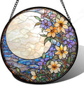 JOSUMALY Stained Glass Window Hanging - White Purple Moon Flowers Suncatcher for Door Terrace Garden Home Decor Landscape Sun Catcher Birthday Gifts for Lovers Women Men Dad Mom Nana 15 in