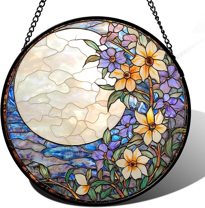 JOSUMALY Stained Glass Window Hanging - White Purple Moon Flowers Suncatcher for Door Terrace Garden Home Decor Landscape Sun Catcher Birthday Gifts for Lovers Women Men Dad Mom Nana 11.8 in