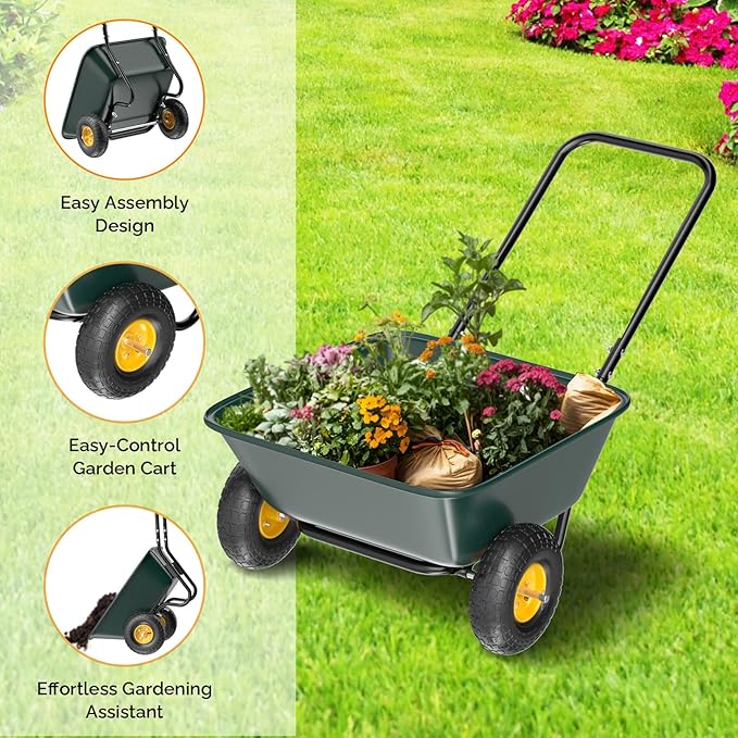 VINGLI 2 Wheel Wheelbarrow, Plastic and Steel Wheel Barrel, 300lbs Capacity Garden Cart for Lawn, Gardening, Construction