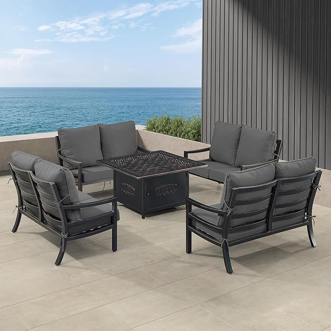 Oakland Living Black Aluminum Patio Fire Table Set with Four Deep Seating Loveseat with Cushions with Black Cushions