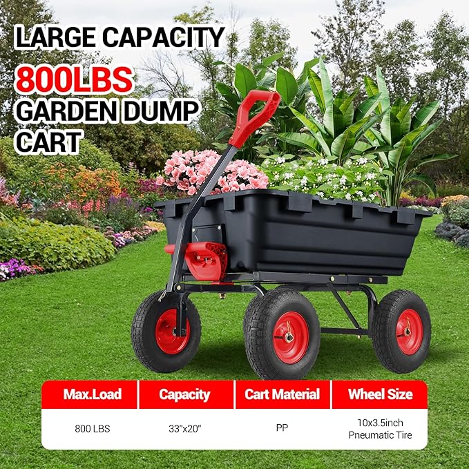 Garden Dump Cart, 800 LB Capacity, Heavy Duty Yard Wagon with All Terrain Tires & 180° Adjustable Handle, Durable Outdoor Gardening Cart for Lawn Yard, Black
