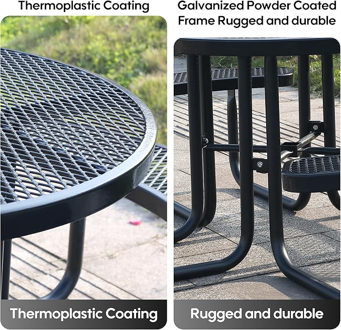 8-Person Outdoor Picnic Tables,46" Heavy-Duty Metal Round Picnic Table,Expanded Metal Commercial-Grade Table with 4 Benches & Umbrella Hole,Waterproof Coating Beach Table for Patio,Garden, Backyard