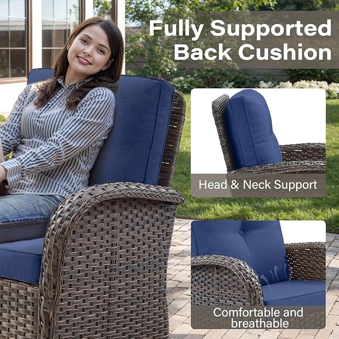 Patio Furniture Swivel Glider PE Wicker Chairs, Outdoor Swivel Rocker Seating with Cushions for Porch Deck Balcony, Brown Wicker Blue Cushion