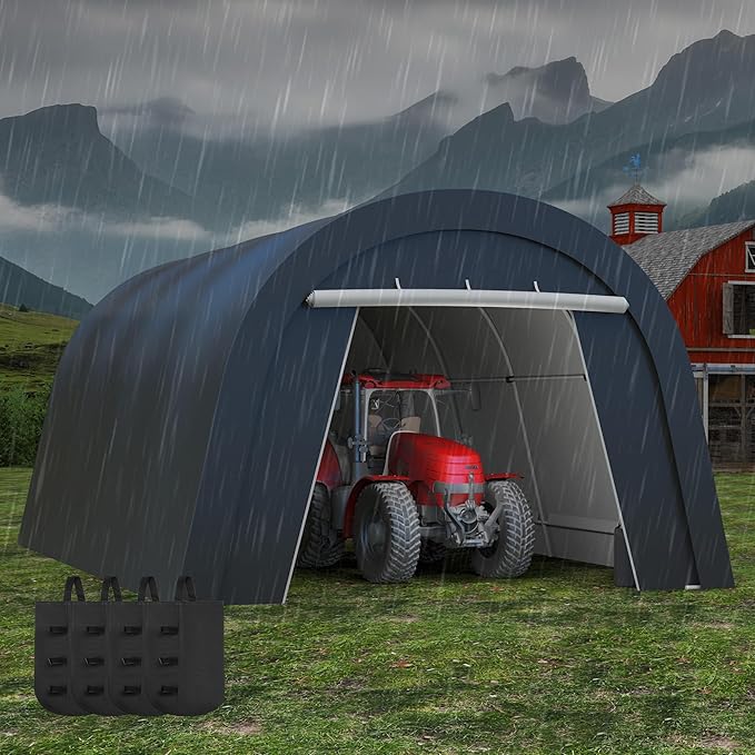 Kiss the Water Domed Carport with 4 Cloth Bags, Portable Garage with 2 Roll-up Doors, Heavy Duty Car Canopy Party Tent, All-Season Storage Shelter Shed for Cars, Truck, or Garden Tools, 13' x 20'