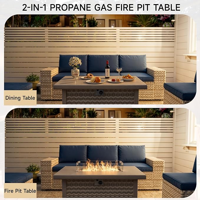 Rattan Fire Pit Table,40.5-inch Rectangle Grey Outdoor Companion,60000 BTU Auto-Ignition w Glass Wind Guard,Internal 20lb Propane Tank, Dust Cover (Grey, Rattan)