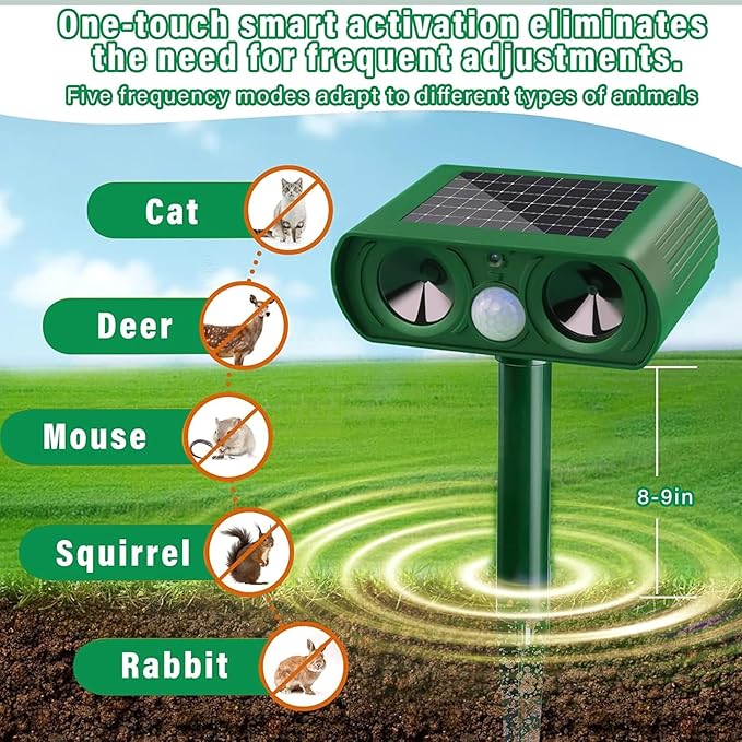 Solar Powered Animal Repellent Motion Sensor for Gardens - Ultrasonic Outdoor Animal Repeller with Adjustable Frequency & Waterproof Design - Deer Repellent Devices Protect Yard from Damage