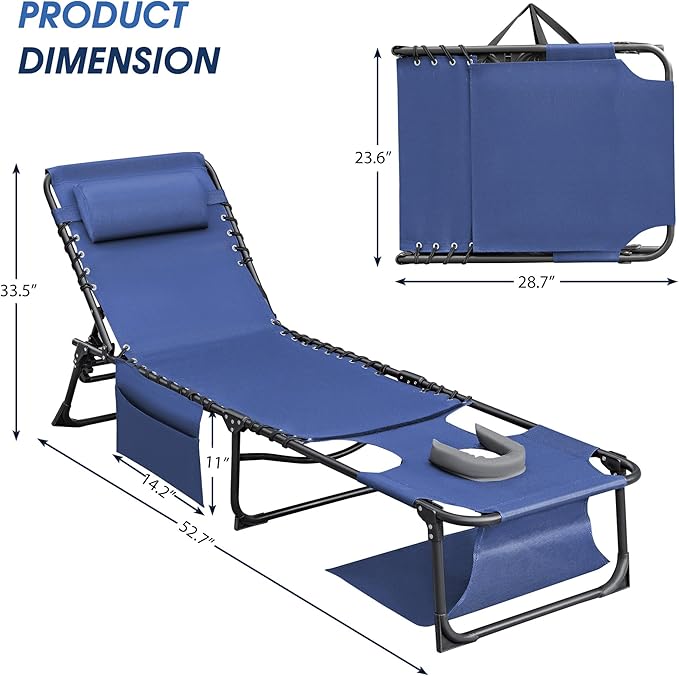 Flamaker Face Down Chaise Lounge Chair 5-Position Adjustable Sunbathing, Foldable Tanning Chair with Face& Arm Holes, Outdoor Recliner for Pool, Beach, Patio, Lawn (Blue, 1 Pcs)