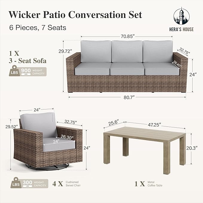 HERA'S HOUSE Swivel Glide Patio Furniture Conversation Set, Outdoor Wicker Chairs with 4.92" Widened Armrest, 6 Pieces Deep Seating Rattan Sofa with 5.5" Gray Cushions for Deck Garden Yard