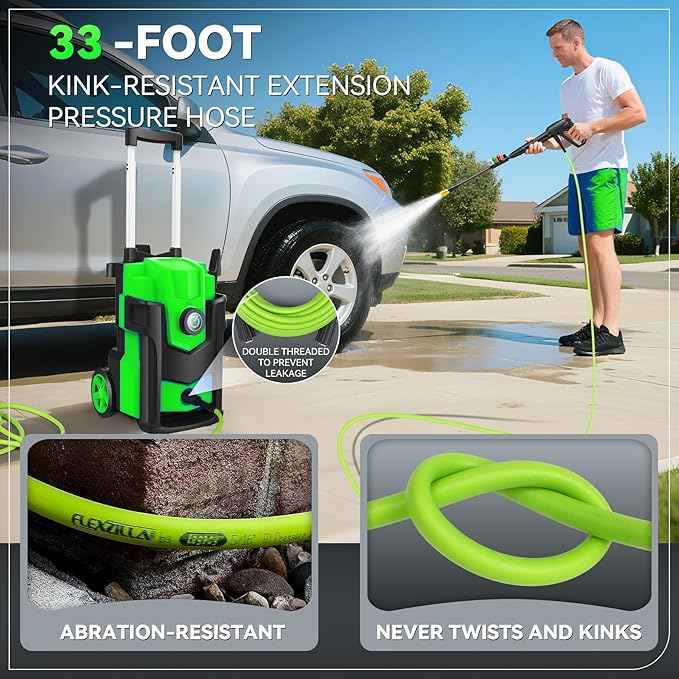 Professional Pressure Cleaner 5000 PSI,Heavy Duty Power Cleaner with 4 Nozzles,Foam Cannon,33FT Hose and 500ml Soap Bottle for Home/Cars (Green)