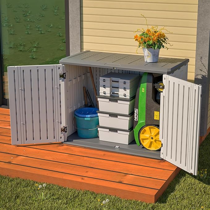 Outdoor Storage Shed Horizontal Plastic Shed W/Lockable Cabinet,Weather Resistance Foldable House W/Sloped Roof & Dual-Locking Mechanism,28 Cu.ft Garden Tool House for Backyards,Patio,White