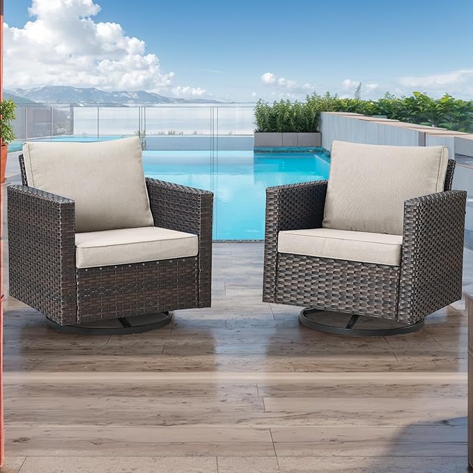HUMMUH 3-Piece Patio Swivel Chairs,PE Wicker Outdoor Rocking Chairs Bistro Set with Side Table Porch Balcony Furniture with Cushions