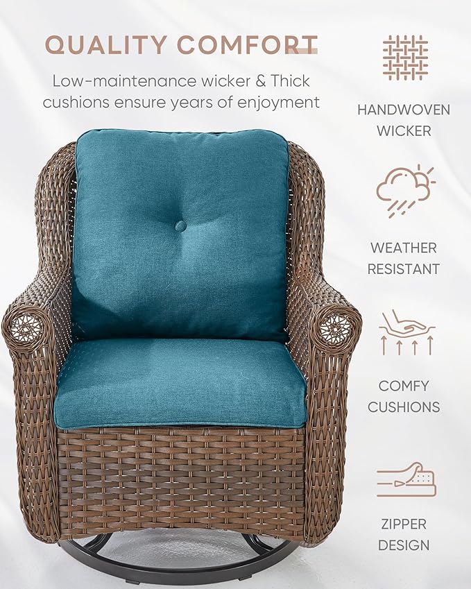 Patio Chairs Outdoor Swivel Glider - Set of 2 High Back Outside Brown Wicker Rattan Rocking Chair with Zippered Cushion for Porch Apartment Deck Yard Poolside Garden - Peacock Blue