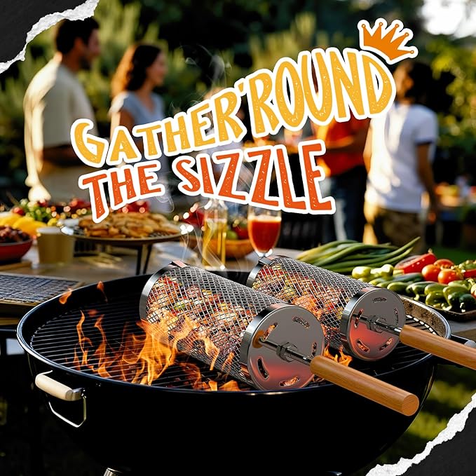 Rolling Grill Basket 2-Pack,304 Stainless Steel Grill Basket with Removable Wooden Handle,BBQ Tool & Smoker Accessory for Veg & Shrimp,Ideal for Outdoor Cooking,Camping & Gifts for Dad/Husband/Men