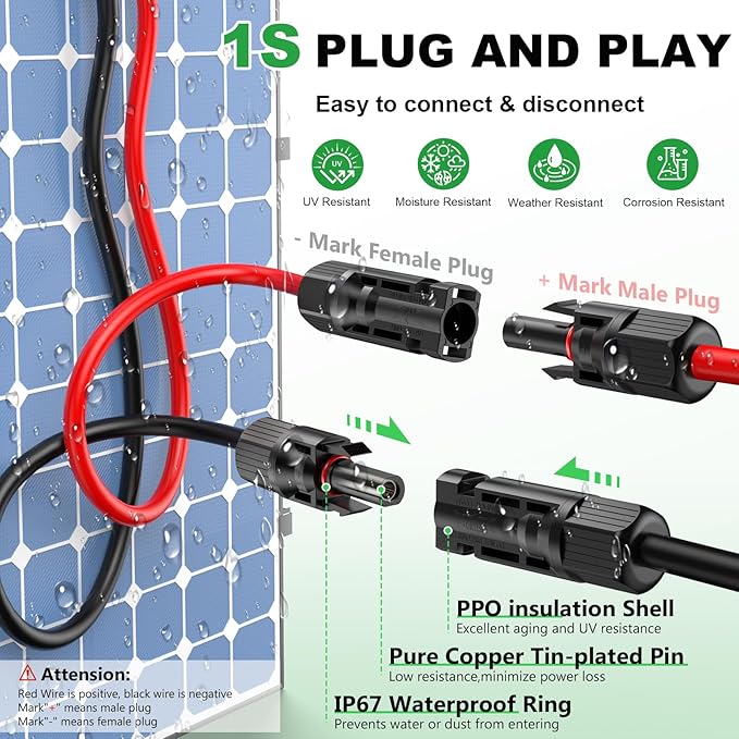 Oududianzi Solar Extension Cable 20Ft, Solar Wire 12AWG, Tinned Cooper PV Wire, Solar Panel Wires and Connectors for Photovoltaic Systems, Set of 2