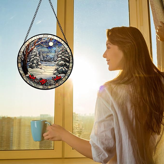 DASTOLL Stained Glass Window Hanging Christmas Tree Winter Snow Night Scenery Large 11.8" - Suncatcher Door Garden Kitchen Sun Catcher Home Decor Birthday for Mom Men Woman Friend