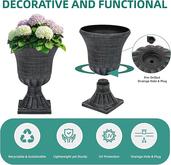 22" Urn Planters Outdoor Planter for Plants Set of 2 Timeless Plastic Large Flower Pot with Drainage Hole Handmade Washed Black Finish Garden Pots for Porch, Patio Christmas Decor