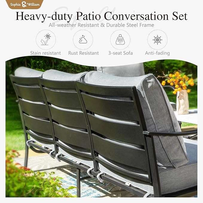 Sophia & William Patio Furniture Sets for 9 with 45" Gas Fire Pit Table Outdoor Conversation Sets 8 Pcs, 2xSofa Chairs, 2xSwivel Cushion Chairs, 1x3-Seat Sofa, 2xOttomans for Porch Poolside Grey