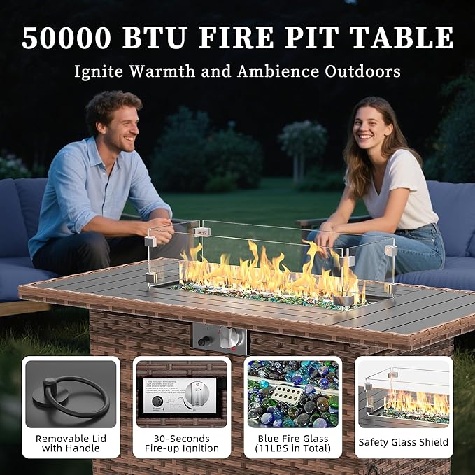 UDPATIO Patio Furniture Set with Fire Pit Table, Rocking Swivel Chairs, 5 Pieces Outdoor Furniture Sets, All-Weather Wicker Outdoor Sectional Sofa with Waterproof Cover, 4'' Thickened Cushion, Navy