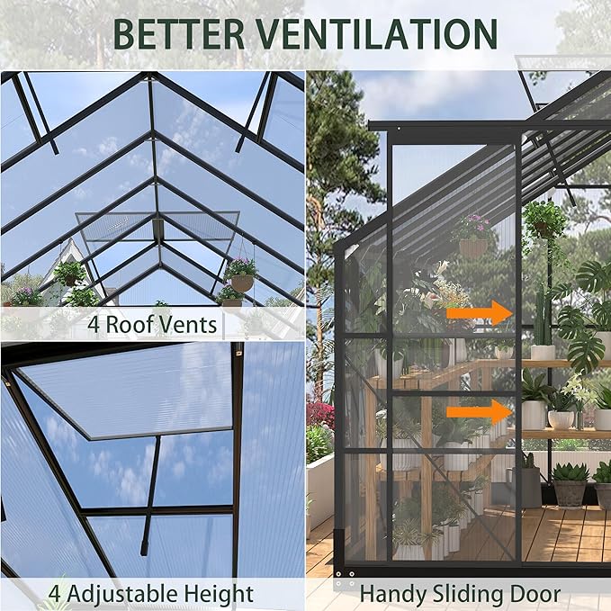 Greenhouses for Outdoors, 8x20 FT Polycarbonate Greenhouses with 4 Adjustable Roof Vents, Walk-in Aluminum Frame Green Houses for Outside with Sliding Doors, Windproof, Outdoor Graden (8x20FT)