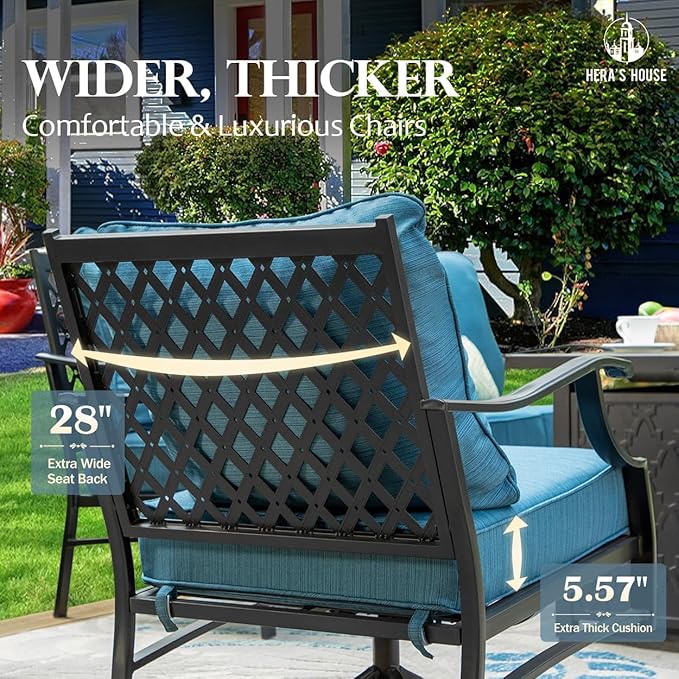 HERA'S HOUSE Patio Furniture Set with Fire Pit Table, 4 x Thick Cushioned Rocking Chairs, 1 x 28 Fire Pit Table (50,000 BTU), 5 Pieces Outdoor Conversation Set for Garden Backyard Lawn, Pacific Blue