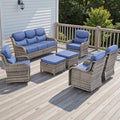 Rilyson Wicker Outdoor Patio Furniture Set - 7 Piece Patio Conversation Sets with Swivel Rocker Chairs, Ottomans and Sofa, 6 inch Cushions, Waterproof Wicker, for Porch Deck Mixed Grey/Blue
