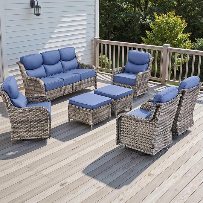 Rilyson Wicker Outdoor Patio Furniture Set - 7 Piece Patio Conversation Sets with Swivel Rocker Chairs, Ottomans and Sofa, 6 inch Cushions, Waterproof Wicker, for Porch Deck Mixed Grey/Blue