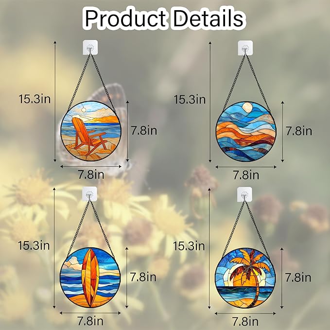 DASTOLL Stained Glass Window Hanging 4 Pcs Set Blue Orange Ocean Beach Theme 7.8" - Suncatcher Door Garden Sun Catcher Decor Birthday Christmas for Mom Woman Nana Men Wife