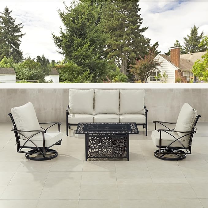 Oakland Living Black Aluminum Fire Table Set with Deep Seating Sofa with Cushion and Two Club Chairs