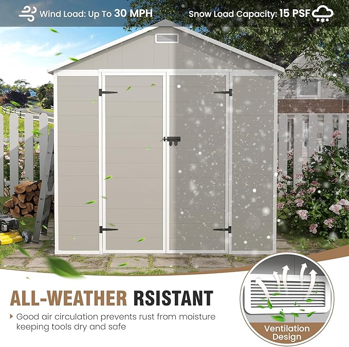 Amopatio 8x6 Storage Shed, Resin Outdoor Shed with Floor Included, Plastic Sheds Outdoor Storage for Bike, Garden Tools, Sheds & Outdoor Storage with Lockable Door, Window & Vents, Sandstone