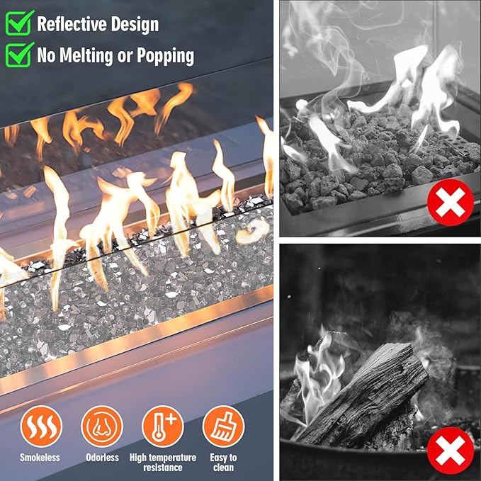 Mesida 1/4 Inch Black Reflective Fire Glass for Propane Fire Pit – 10 lb Tempered Fireplace Glass Rocks for Fire Pit Table, Gas Fireplaces, Fire Bowls & Outdoor Landscape Decor