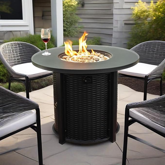 GDFStudio 32" Round Propane Fire Pit Table, 50000 BTU Outdoor Gas Heater with Steel Top & Wicker-Style Base, for Patio Deck Garden Backyard, Black