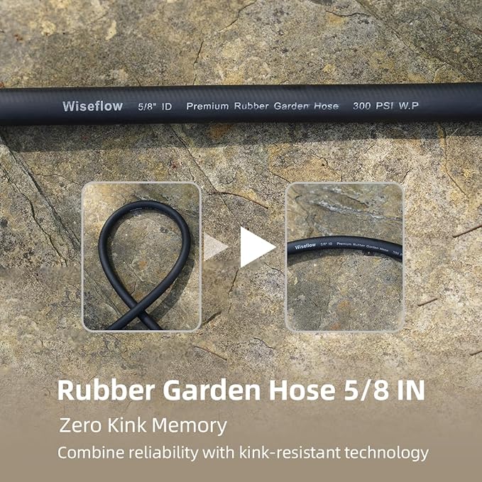 WiseFlow Garden Hose 25FT x 5/8", Heavy Duty Rubber Hose, Water Hose with Five Layered Braiding, Male Female Fittings, 1000PSI Burst, 300PSI Working (Black)