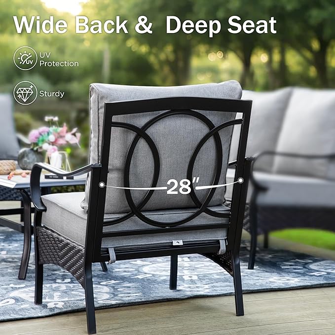 PHI VILLA Patio Furniture Set with 56" Fire Pit Table, Premium Outdoor Wicker Metal Frame Furniture with Upgraded Waterproof Thick Cushions for Porch, Poolside, Deck, and Yard （5 Pieces, Grey